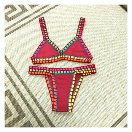 Sunset and Swim Sexy Red Handmade Neoprene Crochet Bikini Set - Image 2