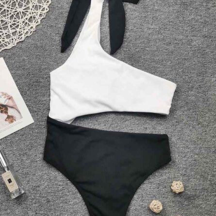 White Black Premium One Shoulder Swimsuit – Bild 4