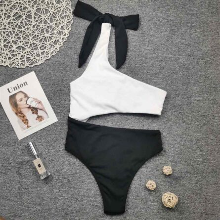 White Black Premium One Shoulder Swimsuit – Bild 9