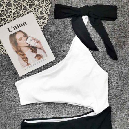 White Black Premium One Shoulder Swimsuit – Bild 10
