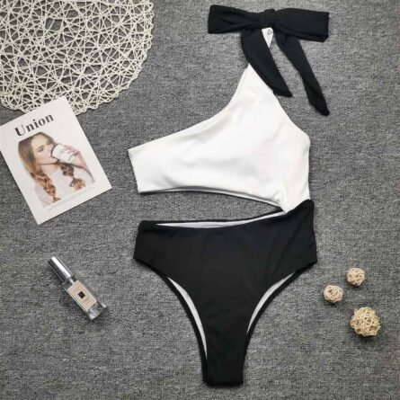 White Black Premium One Shoulder Swimsuit – Bild 3