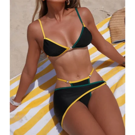 Bold Contrast Thong Bikini Set with Skirt - Image 4