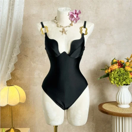 Deep Curve Push-Up One-Piece Swimsuit with Metal Ring Detail - Image 15