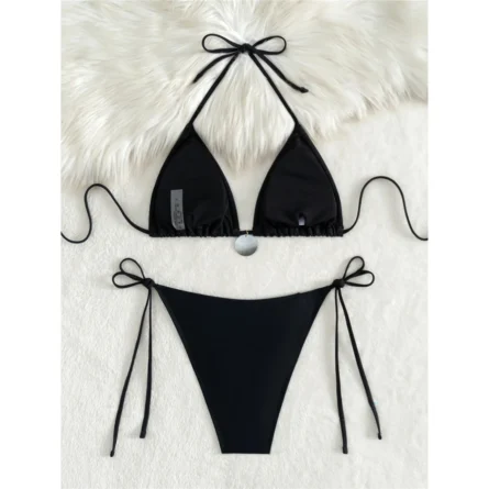 Oceanic Escape High Cut String Bikini with Chic Metallic Detail - Image 8