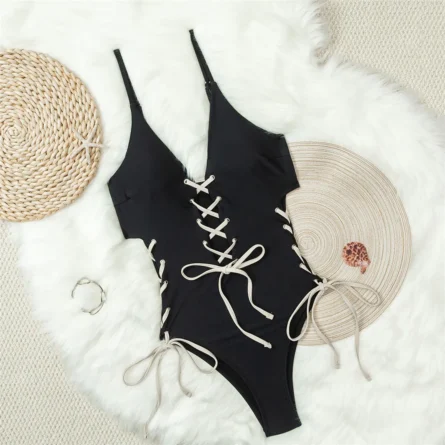 Deep V-Neck Laced-Up Black Swimsuit with Cutout Details