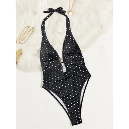 Black Polka Dot Halter One-Piece Swimsuit with Cut-Out & Silver Chain Detail