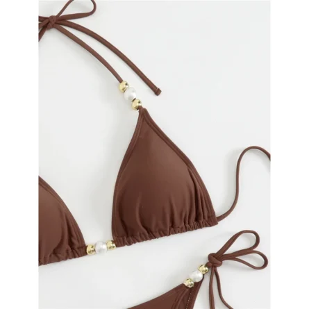 Pearl & Gold Trim Dark Chocolate String Bikini Set - Image 6