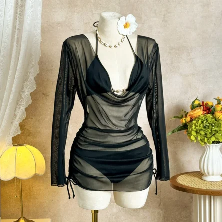 Elegant Sheer White Cover-Up Bikini Set with Adjustable Side Ruching - Image 16