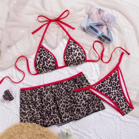 Leopard Bikini Set with Skirt and Bold Red Accents