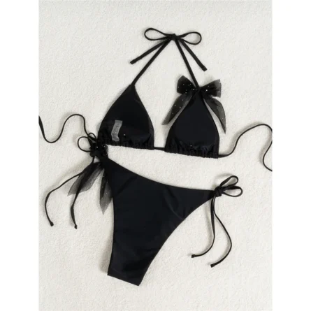 Elegant Bow-Detail Black Triangle Bikini Set - Image 5