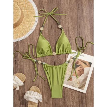 Beach-Ready Green Triangle Bikini with Unique Beaded Design - Image 2