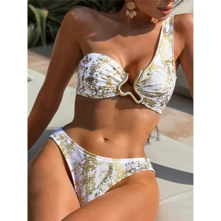 Gold One Shoulder Bikini with Unique Cutout Detail - Image 3