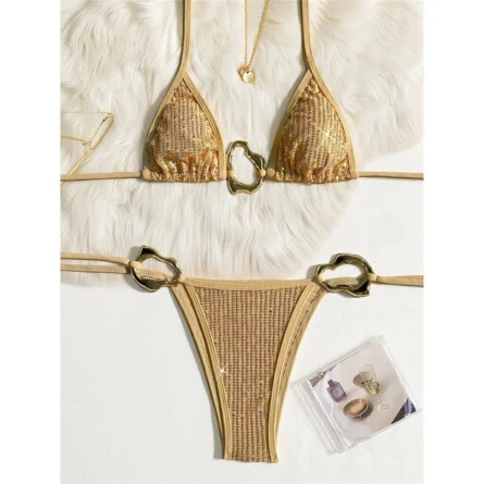 Gold Glitter Sequin Bikini Set with Ring Details - Image 3