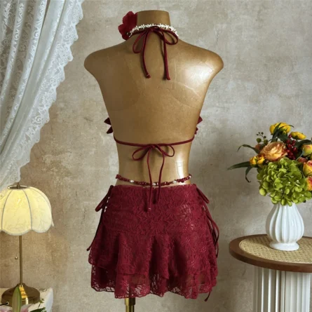 White Ruffled Bikini Set with Sheer Lace Skirt Cover-Up - Image 22