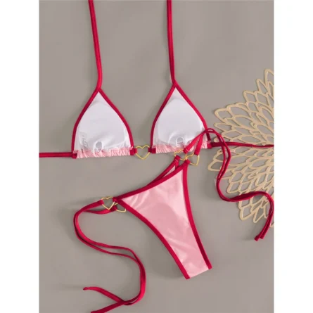 Pink & Red Contrast Trim Thong Bikini Set with Gold Heart Detail - Image 4