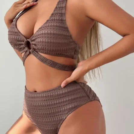 Woven Halter Design High-Waisted Bikini Set