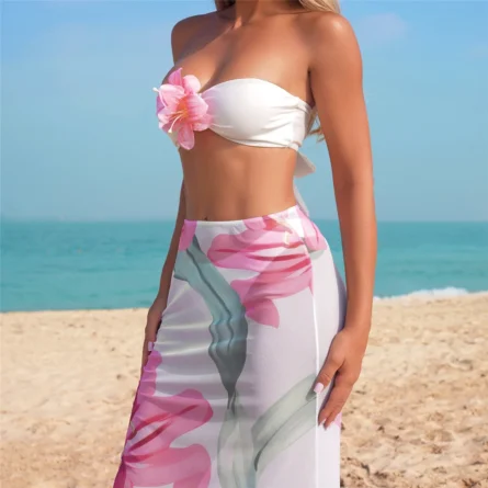 Lagoon Bloom 3D Flower Bandeau Bikini Set with Elegant Maxi Skirt - Image 4