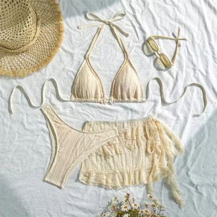 Milky White 3 Piece Bikini Set with Cute Skirt and Delicate Ruffle Details - Image 2