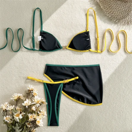 Bold Contrast Thong Bikini Set with Skirt - Image 7