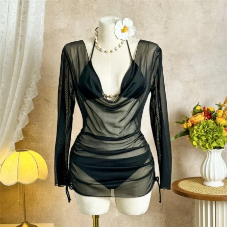 Elegant Sheer White Cover-Up Bikini Set with Adjustable Side Ruching - Image 15