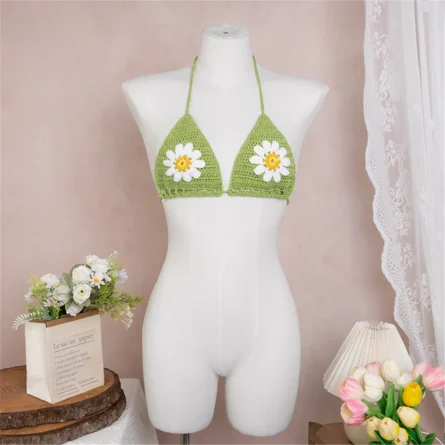Sunlit Garden Vibes Green Crocheted Bikini Top - Image 5