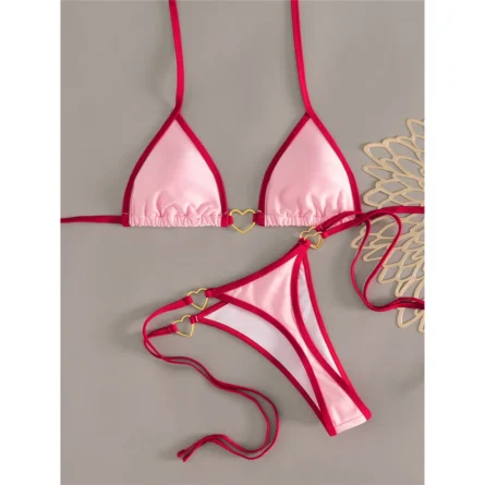 Pink & Red Contrast Trim Thong Bikini Set with Gold Heart Detail - Image 3