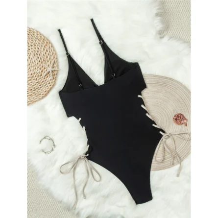 Deep V-Neck Laced-Up Black Swimsuit with Cutout Details - Image 5