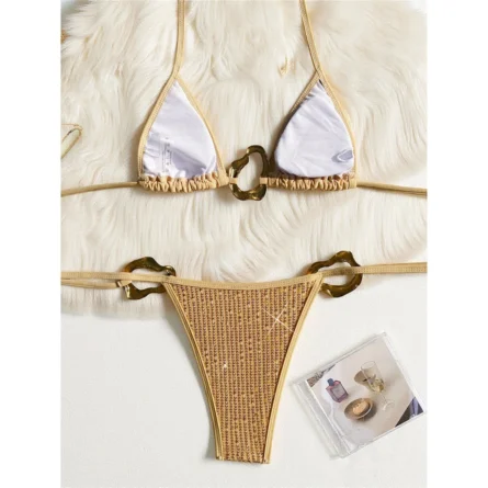 Gold Glitter Sequin Bikini Set with Ring Details - Image 4