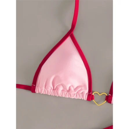 Pink & Red Contrast Trim Thong Bikini Set with Gold Heart Detail - Image 5
