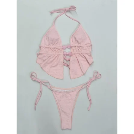 Chic Pink Bikini Set with Ruffled Top and Ties - Image 6