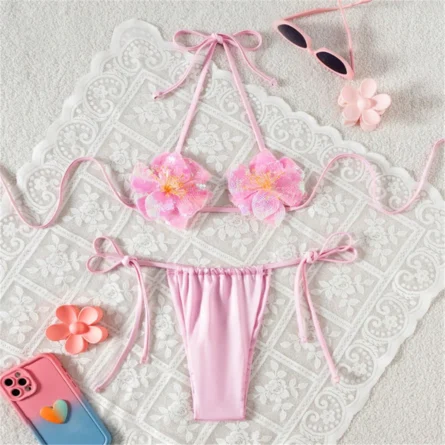 Wild But Unbothered Shiny 3D Flower Micro Bikini - Image 4