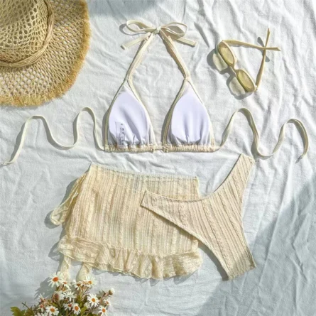 Milky White 3 Piece Bikini Set with Cute Skirt and Delicate Ruffle Details - Image 3