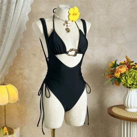Cutout Swimsuit with Gold Accent and Adjustable Ties - Image 11