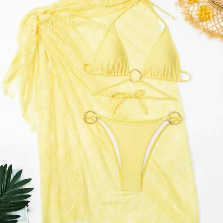 Chic Yellow Bikini Set with Sheer Cover-Up and Ring Detail