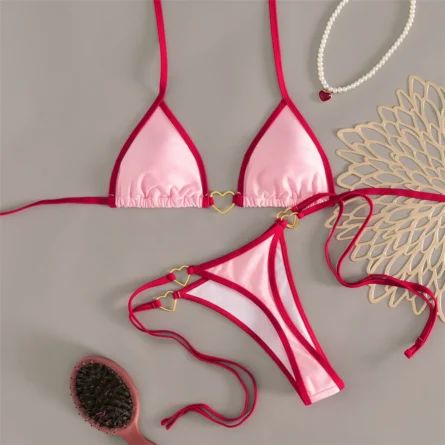 Pink & Red Contrast Trim Thong Bikini Set with Gold Heart Detail - Image 2