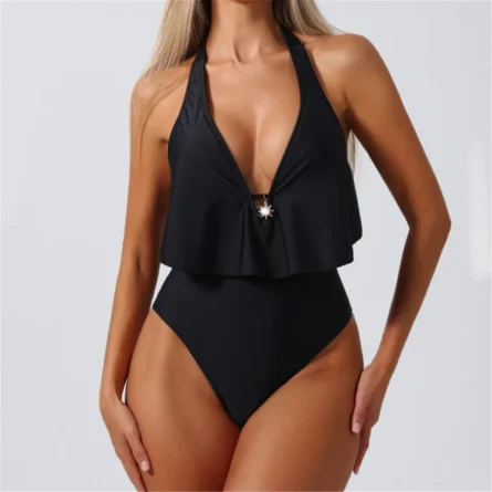 Elegant Flare of Confidence Halter Neck One-Piece Swimsuit - Image 2