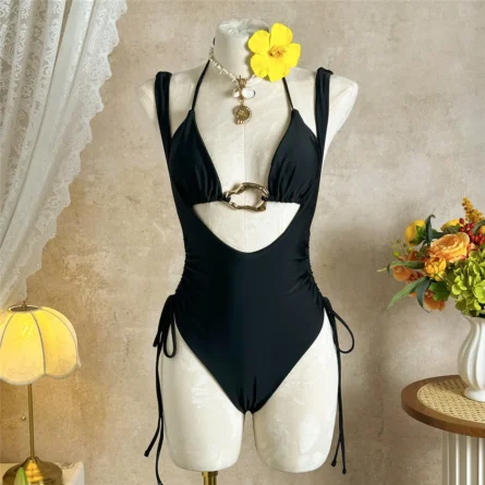 Cutout Swimsuit with Gold Accent and Adjustable Ties
