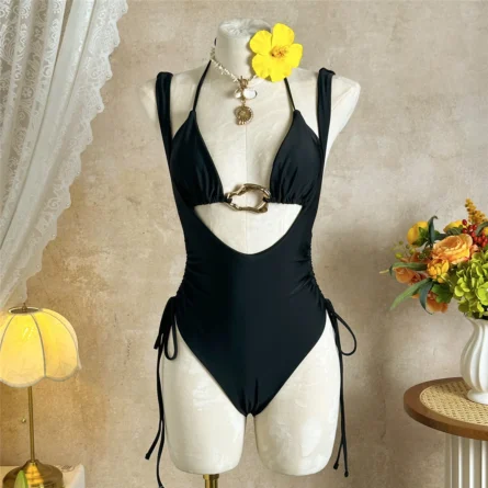 Cutout Swimsuit with Gold Accent and Adjustable Ties - Image 10