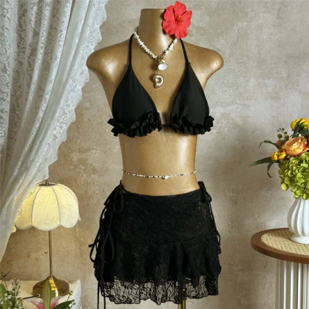 White Ruffled Bikini Set with Sheer Lace Skirt Cover-Up - Image 16