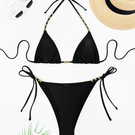 Black Bikini Set with Metal Beads for a Chic Beach Day