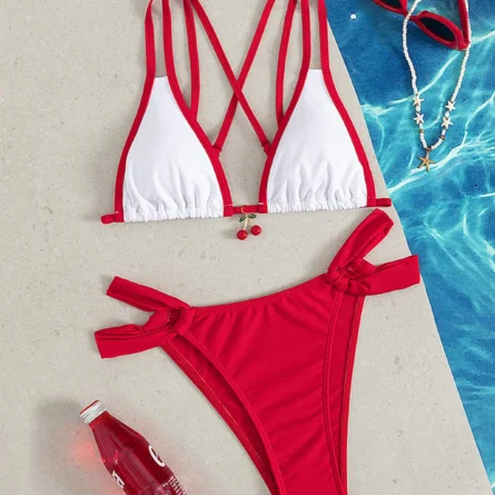 Cherry Inspired Red Strappy Bikini Set with Playful Knot Detail