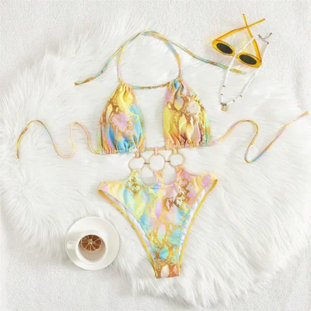 Colorful Python Print Monokini with Ring Detail - Image 3