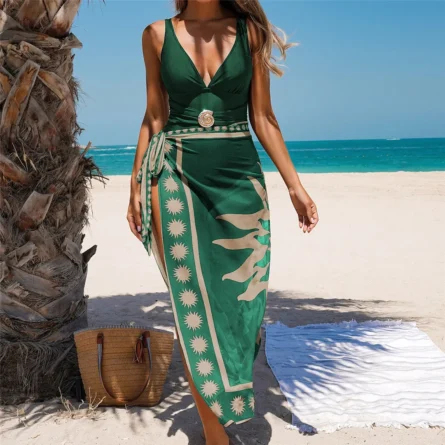 Sunlit Shores Embrace Modest Swimsuit with Flowing Sarong