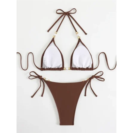 Pearl & Gold Trim Dark Chocolate String Bikini Set - Image 5