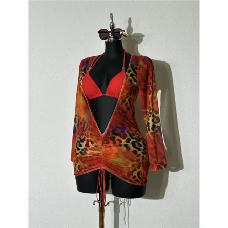 Red Leopard 3-Piece Bikini Set with Cover-Up - Image 3