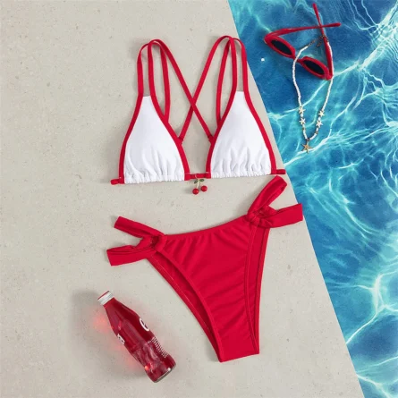 Cherry Inspired Red Strappy Bikini Set with Playful Knot Detail - Image 2