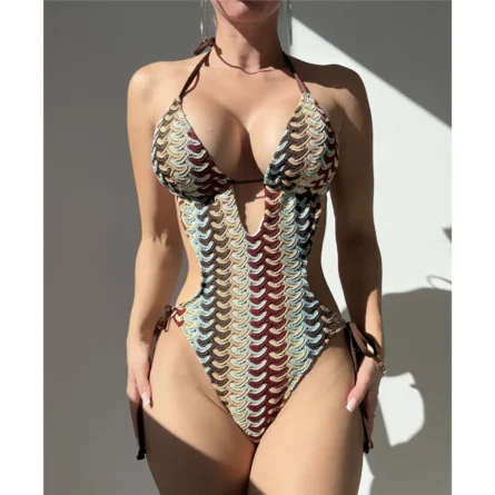Bold Waves Deep V Neck One-Piece Swimsuit - Image 2