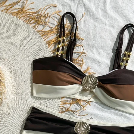 Golden Seashell Twist-Front Bikini Set for Effortless Beach Elegance - Image 8