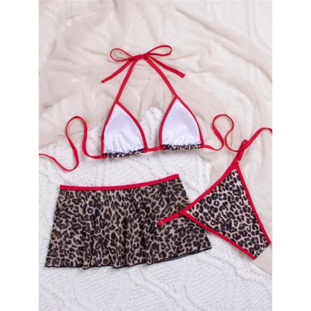 Leopard Bikini Set with Skirt and Bold Red Accents - Image 3