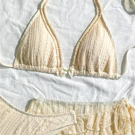 Milky White 3 Piece Bikini Set with Cute Skirt and Delicate Ruffle Details - Image 4